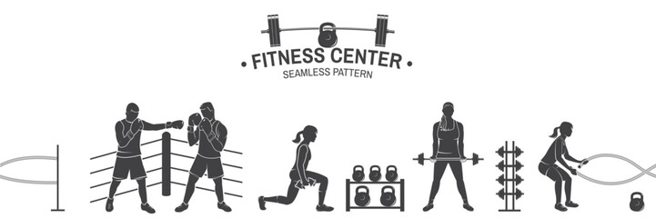 Sport center seamless pattern or background. Vector illustration. For design fitness centers, gyms. Girl running, boxing fighters, girl with barbell and do deadlifts. Gym wallpaper.