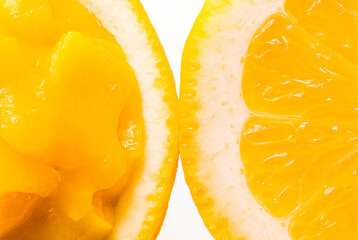 Macro close-up Lemons. 1 lemon filled with lemon curd on white background.