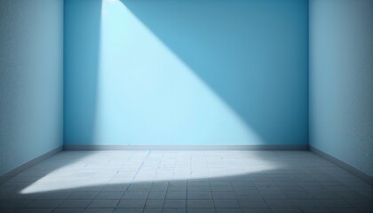 Light blue empty wall and smooth floor with interesting light glare. Background for the presentation Hyperrealistic