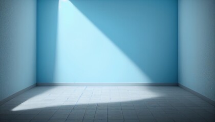 Light blue empty wall and smooth floor with interesting light glare. Background for the presentation Hyperrealistic