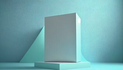 Podium of an interesting shape against a light blue wall with beautiful backlighting. Trendy background for presentation. Hyperrealistic