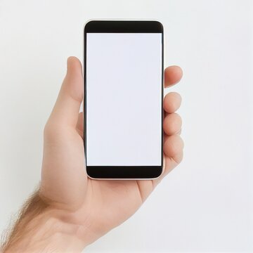 Close up of Man hand holding smartphone on white background, cropped hand using smartphone on the background white