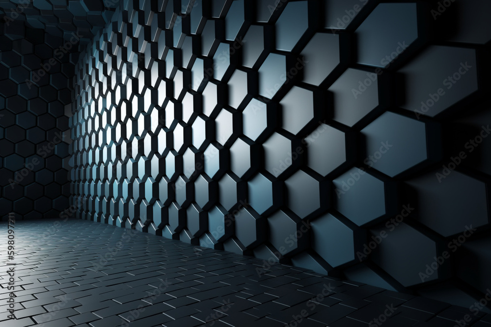 Poster room made of futuristic block walls, hexagons tile pattern. generative ai. high quality photo genera