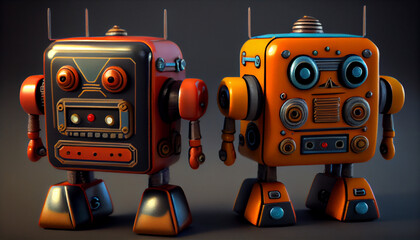 Naklejka premium Retro toy robots model for kids and on studio lighting background Ai generated image