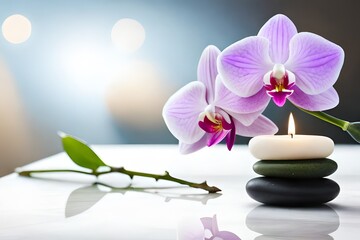 Obraz na płótnie Canvas Spa stones, bamboo sprout, burning candle and beautiful orchid flower on white marble table
