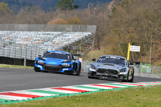 Scarperia, 23 March 2023: Audi R8 LMS GT3 EVO II of Saint&eacute;loc Junior Team driven by Erwan Bastard-Paul Evrard in action during 12h Hankook Race at Mugello Circuit in Italy.