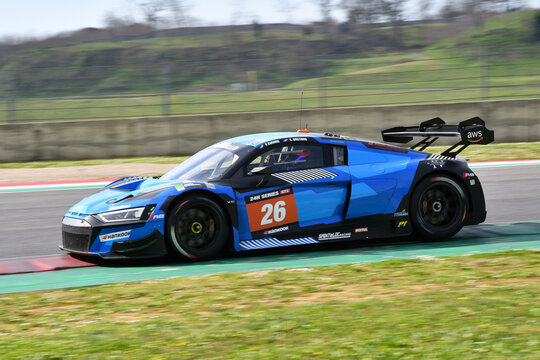 Scarperia, 23 March 2023: Audi R8 LMS GT3 EVO II of Saint&eacute;loc Junior Team driven by Erwan Bastard-Paul Evrard in action during 12h Hankook Race at Mugello Circuit in Italy.