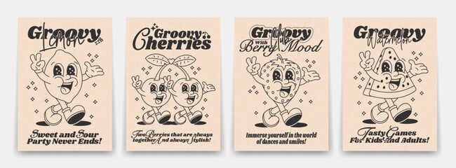 Collection contour groovy posters 70s. Retro poster with funny cartoon walking characters in the form of food, strawberries, lemons, cherries and a slice of watermelon, vintage prints, isolated