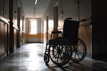 Plakat Patient Wheelchair In Hospital Backdrop Generative AI
