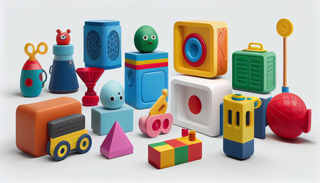 Toy collection for kids, Unique toys collections on solid white background Ai generated image