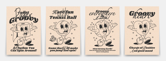 Collection contour groovy posters 70s. Retro poster with funny cartoon walking characters, planet earth, toilet paper, tennis ball, heart, vintage prints, isolated