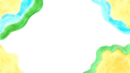 Watercolor abstract green and yellow background with waves. Decorative angle wavy elements on white background.