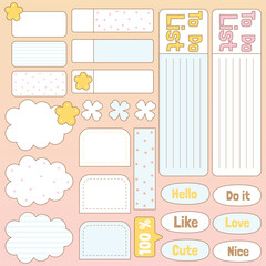 Cute blank paper notes. Stationery organizer set. Scrapbook notes and memo schedule.Printable planner stickers. To Do List sticky note pad. Digital planning element. Vector illustration.
