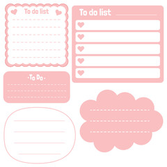 Cute blank paper notes. Stationery organizer set. Scrapbook notes and memo schedule.Printable planner stickers. To Do List sticky note pad. Digital planning element. Vector illustration.