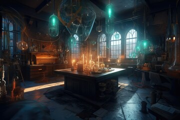 Sci-fi wizard's laboratory, with high-tech equipment and arcane symbols mixed together in a surreal and mystical blend of science and magic. Generative AI