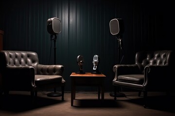 two chairs and microphones in podcast or interview room isolated on dark background as a wide banner for media conversations or podcast streamers concepts with copyspace. generative ai