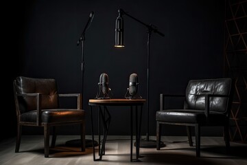 two chairs and microphones in podcast or interview room isolated on dark background as a wide banner for media conversations or podcast streamers concepts with copyspace. generative ai