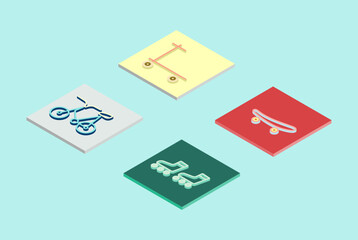 isometric cards set with doodle scooter, bicycle, rollers,skate 
