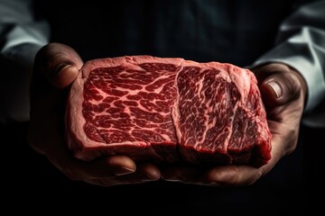 raw marble wagyu steack meat on a wooden board. generative ai