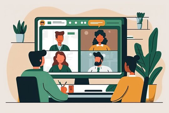 Virtual meetings of people for work, study, conversations with friends. illustration, Concept of video conferencing, webinar, remote work. Flat, isolated image of workplace, laptop, hands and people. 