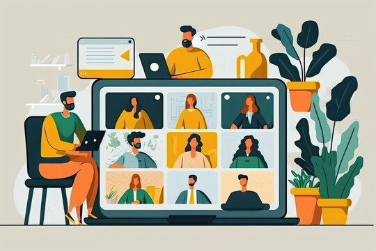 Virtual meetings of people for work, study, conversations with friends. illustration, Concept of video conferencing, webinar, remote work. Flat, isolated image of workplace, laptop, hands and people. 