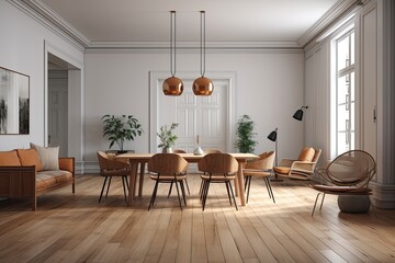 living room with wooden chairs, white walls, brown wooden floor with wooden dining table and light brown sofa, white background, concept art. Modern room. generative ai