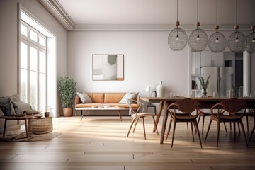 living room with wooden chairs, white walls, brown wooden floor with wooden dining table and light brown sofa, white background, concept art. Modern room. generative ai