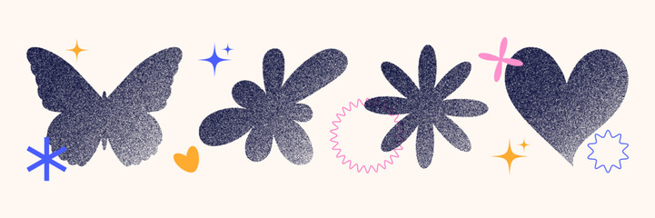 Trendy abstract shapes. Elements with grain texture. Retro aesthetic. Modern 90s - 2000s style. Elements for poster design, stickers. vector illustration.