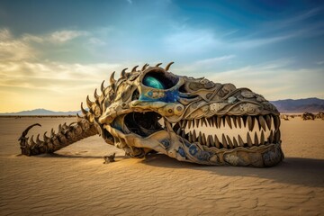 Colossal dragon skeleton lay half-buried in the desert sands, a haunting reminder of the power that once ruled the land. Generative AI