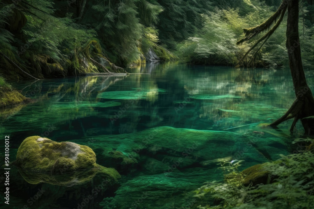 Canvas Prints Crystal-clear lake at the heart of a lush, verdant forest was said to be a gateway to the realm of the fae. Generative AI