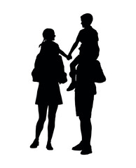 Father and mother carrying their kids on shoulders vector silhouette.