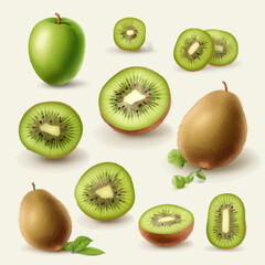 Fototapeta premium Set of Kiwi fruit stickers for your fruit-themed laptop or tablet skin