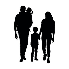 Family walking together silhouette vector. Father carrying daughter and mother holding hands son silhouette.