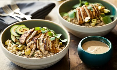 Hearty bowls of ethnic-inspired grain bowls featuring quinoa, grilled zucchini, and grilled chicken, topped with a tahini dressing and chopped cilantro. 