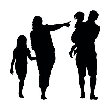 Parents walking with two daughter outdoor vector silhouette.