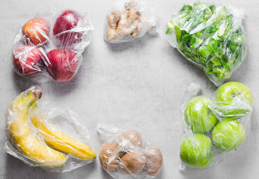 Fruits in Plastic Bags, Shopping with Single-Use Plastic Bags, Recycling Concept