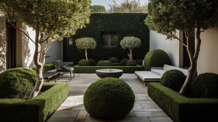 A serene courtyard with minimalistic topiary and chic seating options. AI generated - obrazy, fototapety, plakaty