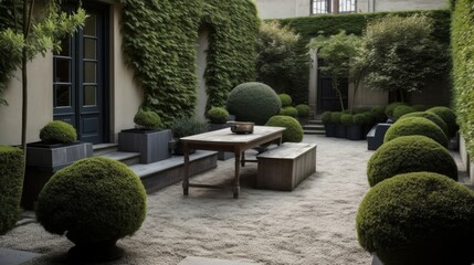 A serene courtyard with minimalistic topiary and chic seating options. AI generated