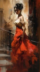 Fototapeta na wymiar palette knife woman red dress standing staircase dressed long fluent skirt city streets behind flowing backlit hair swirling expensive clothes, generative ai