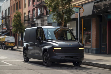 Electric Van Delivering on road. Driver of Electric cargo van delivers the parcel to the customer. Modern Delivery truck. Electric delivery van in New York City. Ai Generative illustration.