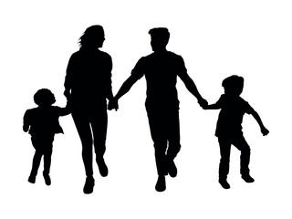 Family with two children holding hands while running together silhouette.