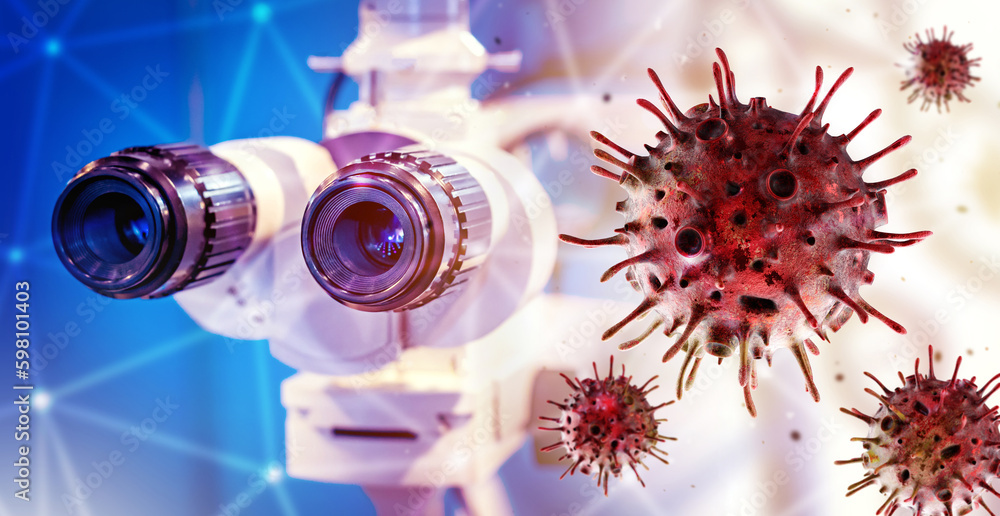 Poster viruses under microscope. bacteria molecules. fragment of electron microscope. study of virus pathog