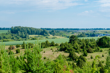 Fototapeta na wymiar Rural landscape of Tatarstan. Green hills with trees and meadows, top view