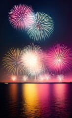 Fototapeta na wymiar Night landscape with fireworks over the sea