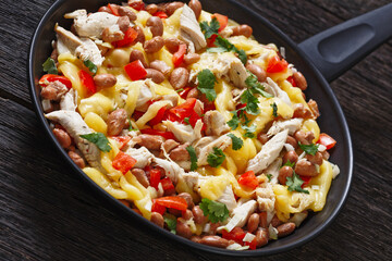 chicken, pinto beans, tomatoes, cheese, top view