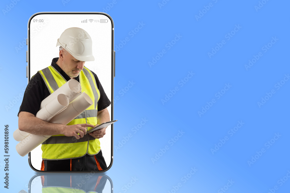 Poster man builder. architect in phone screen. construction drawings in hands of worker. builder uses smart