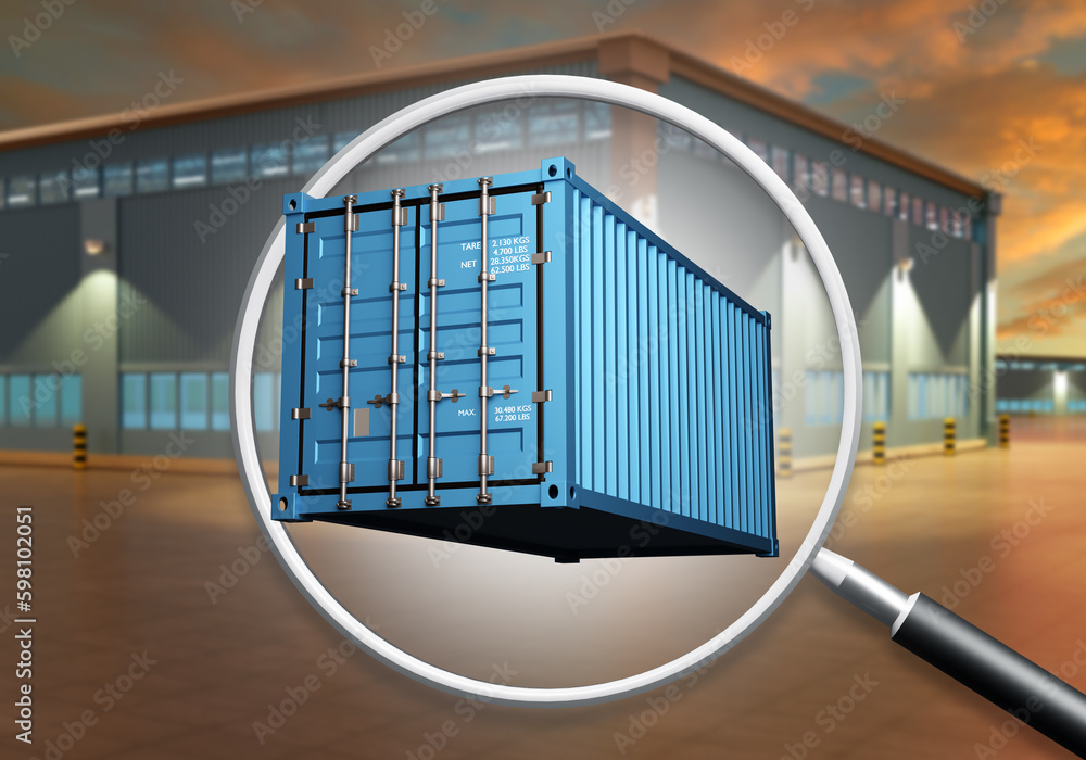 Poster logistic container. magnifying glass over container. territory logistics center. blue container for 