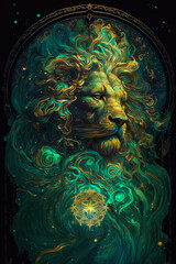 Fototapeta na wymiar painting of a lion with a green background. celestial theme of animal and astral power. AI generative image