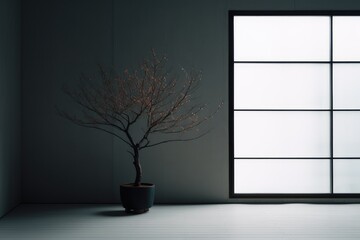 Japanese gray interior design. Zen design. Minimalist photography. Generative AI.