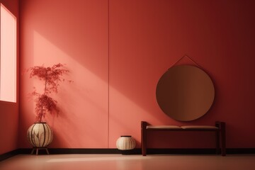 Japanese interior design. Red zen design. Minimalist photography. Generative AI.